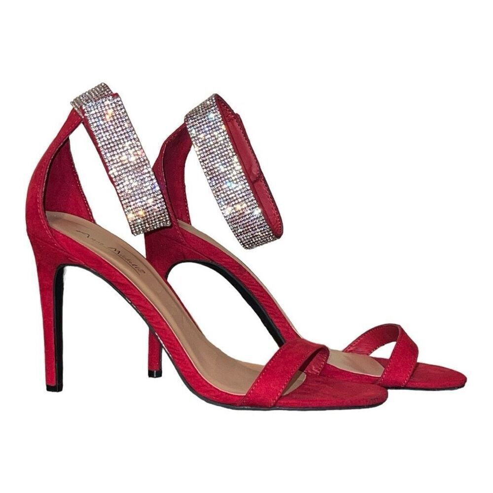 Anne Michelle Red Sandal Heels with Sparkly Ankle Strap - Picture 3 of 6